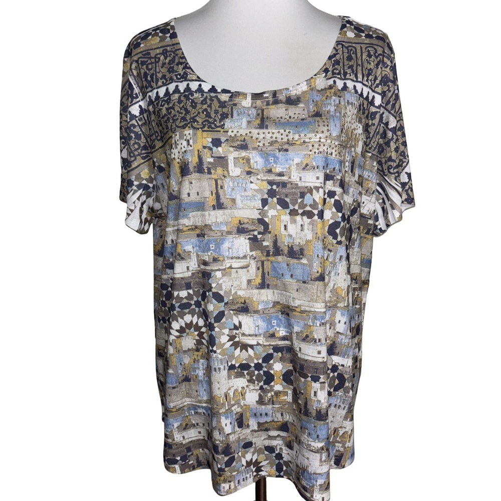 Style & Co Blue Gold Patterned Blouse